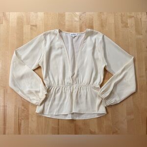 Superdown Cream V-Neck Peplum Long Sleeve Blouse